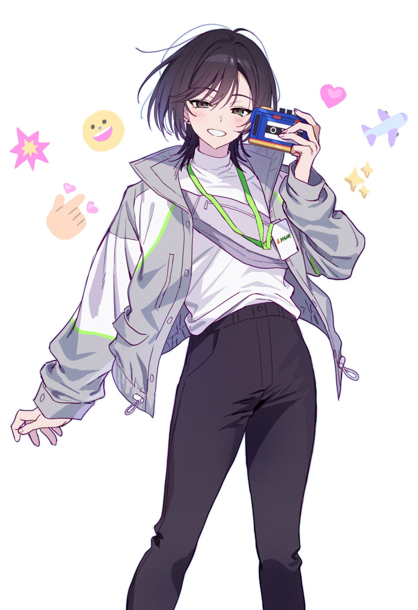 18trip, 1girl, black_hair, black_pants, brown_eyes, camera, commentary, crossbody_bag