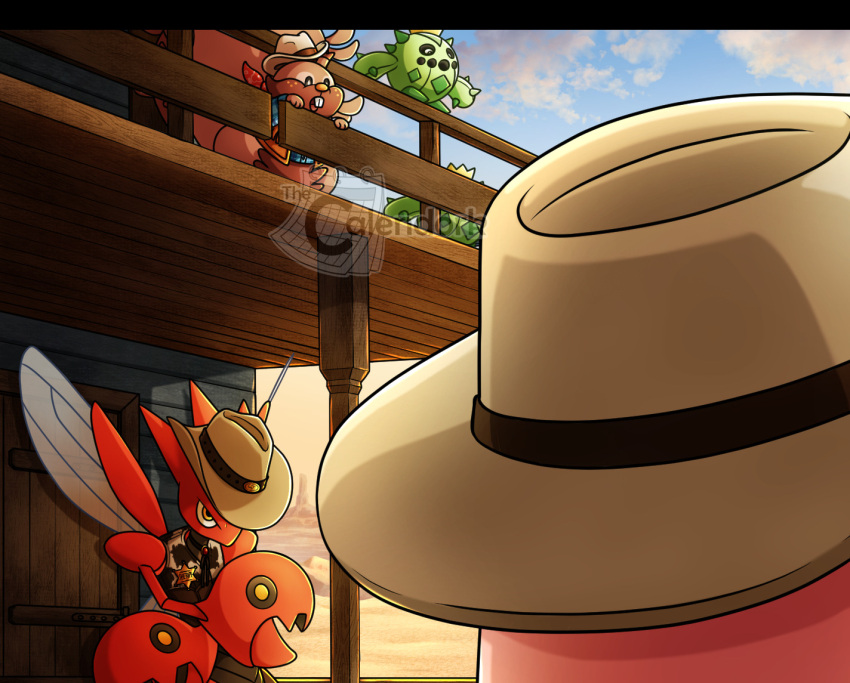 artist_name, brown_hat, buck_teeth, building, cacnea, clothed_pokemon, clouds, commentary