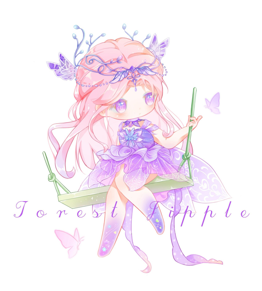 1girl, absurdres, bare_arms, bare_legs, barefoot, beads, bug, butterfly, butterfly_hair_ornament, character_name, chest_jewel, chibi, chinese_commentary, choker, circlet, closed_mouth, clothing_cutout, collar, colored_extremities, colored_skin, commentary_request, detached_collar, dot_nose, dress, expressionless, fairy, fairy_wings, flower_dress, forest_ripple_(infinity_nikki), gem, hair_beads, hair_ornament, highres, image_sample, infinity_nikki, light_blush, light_frown, long_hair, looking_to_the_side, low_wings, medium_dress, nikki_(series), official_alternate_color, on_swing, pink_hair, purple_butterfly, purple_choker, purple_collar, purple_dress, purple_gem, purple_skin, purple_wings, shenqi_tuoxie_zai_nali, short_sleeves, shoulder_cutout, simple_background, solo, star_(symbol), swing, swinging_on_swing, tareme, very_long_hair, violet_eyes, wavy_hair, white_background, wings, xiaohongshu_sample
