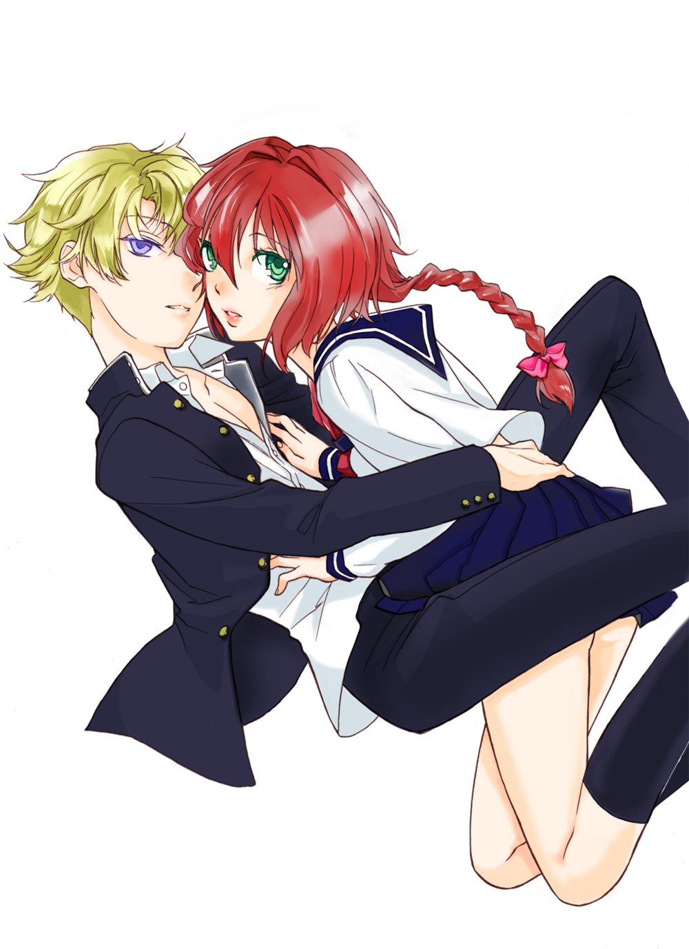 1girl, blonde_hair, blue_eyes, braid, couple, darker_than_black, gakuran, green_eyes