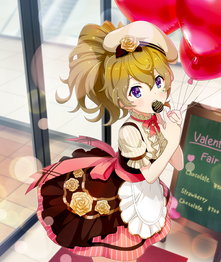 1girl, :o, apron, balloon, beret, blue_eyes, bon_bon, bow, bowtie, brown_hair, brown_hat, brown_shirt, brown_skirt, cowboy_shot, dot_nose, double-parted_bangs, dress_flower, eating, english_text, flower, frilled_shirt, frills, from_above, game_cg, glass_door, hands_up, hat, holding, holding_balloon, kagami_mimi_(toji_no_miko), layered_skirt, lens_flare, looking_at_viewer, marking_on_cheek, menu_board, neck_ribbon, official_art, open_mouth, pink_bow, pink_bowtie, pink_ribbon, pink_sash, pink_skirt, pinstripe_pattern, pinstripe_shirt, pinstripe_skirt, pointing, ribbon, rose, sash, shirt, short_hair, short_sleeves, sidelocks, skirt, solo, split_ponytail, stairs, striped_clothes, striped_shirt, striped_skirt, teeth, third-party_source, tile_floor, tiles, toji_no_miko, toji_no_miko:_kizamishi_issen_no_tomoshibi, underbust, upper_teeth_only, valentine, vertical-striped_clothes, vertical-striped_shirt, vertical-striped_skirt, waist_apron, yellow_flower, yellow_rose