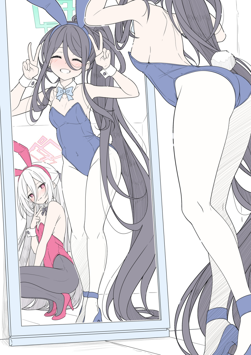 2girls, :d, animal_ear_hairband, animal_ears, aqua_halo, aris_(blue_archive), black_hair, black_pantyhose
