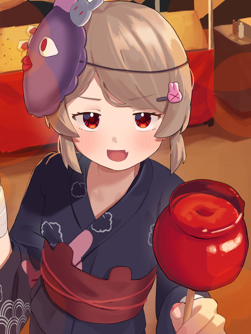 1girl, absurdres, bandaged_wrist, bandages, black_kimono, blonde_hair, blush, candy_apple