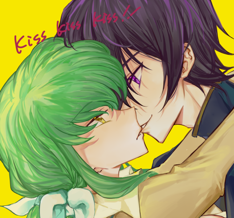 1boy, 1girl, ashford_academy_school_uniform, biting, biting_another's_lip, black_hair, bow, c.c.