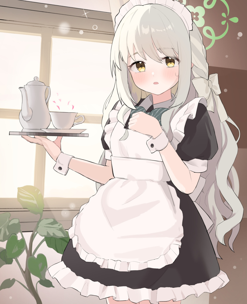 1girl, absurdres, apron, black_dress, blue_archive, blush, bow, character_request