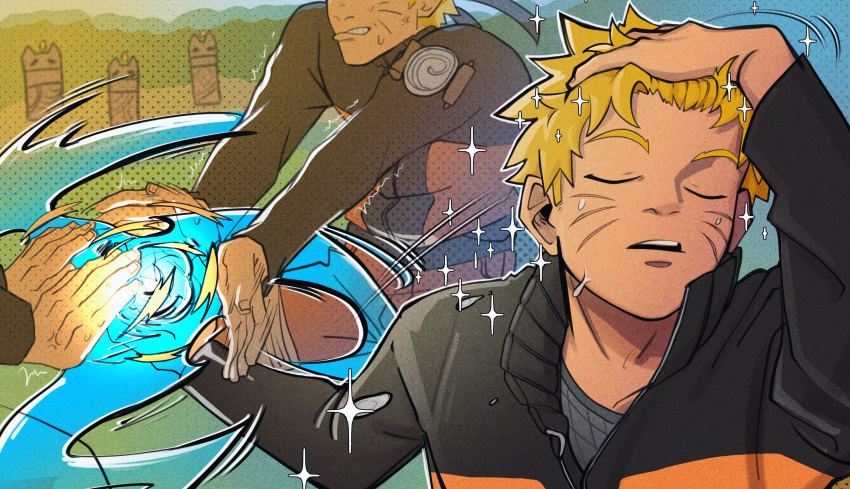 absurdres, adjusting_hair, blonde_hair, clone, closed_eyes, flak_jacket, hand_in_own_hair, hand_on_own_head