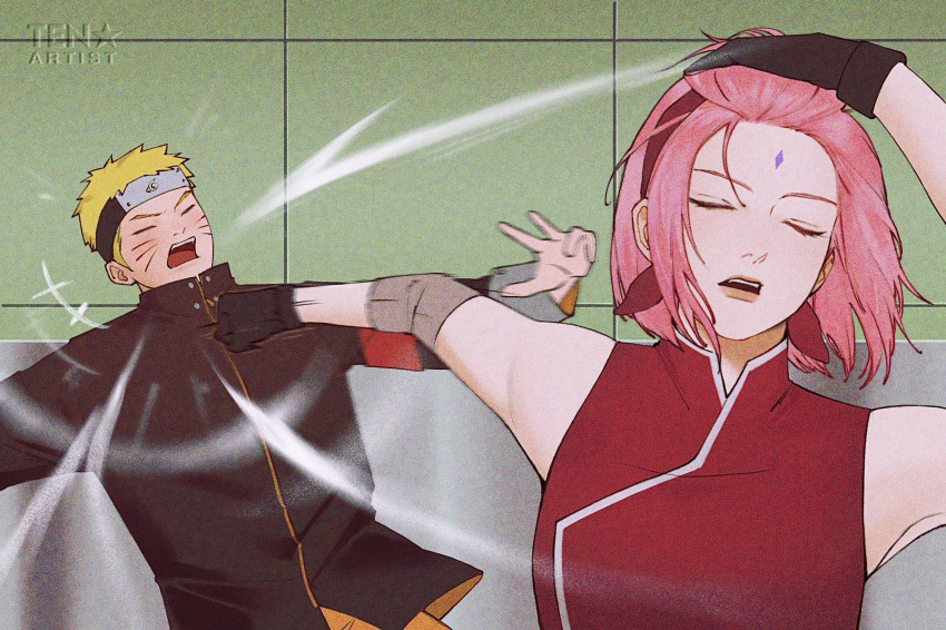 1boy, 1girl, adjusting_hair, boruto:_naruto_next_generations, closed_eyes, commentary, english_commentary, hand_in_own_hair