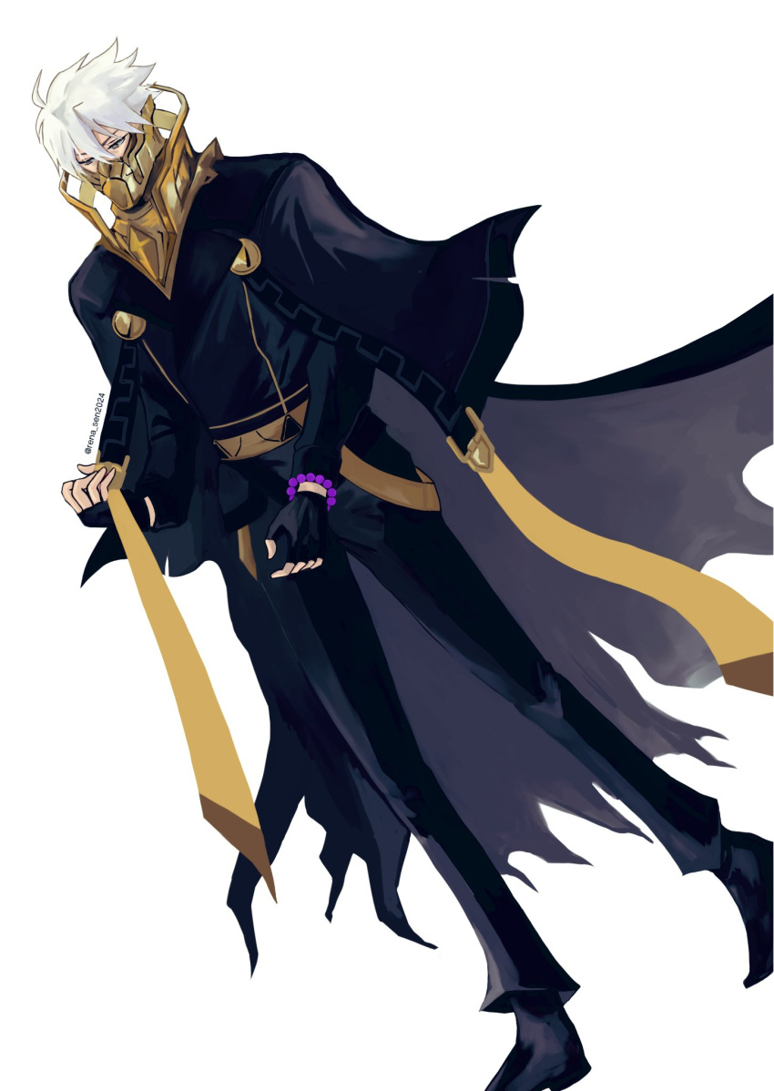 1boy, black_cape, black_gloves, bracelet, cape, commentary_request, covered_mouth, dutch_angle, fingerless_gloves, full_body, ghostblade_(to_be_hero_x), gloves, highres, jewelry, looking_at_viewer, male_focus, rena_sen2024, short_hair, solo, standing, to_be_hero_x, white_hair
