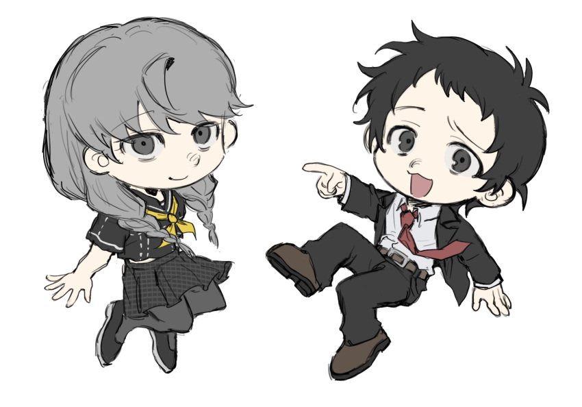 2boys, adachi_tooru, ascot, black_eyes, black_hair, black_jacket, black_pants, black_shirt, braid, chengmingraven, chibi, chibi_only, closed_mouth, commentary_request, full_body, grey_eyes, grey_hair, grey_pantyhose, highres, jacket, long_sleeves, messy_hair, multiple_boys, narukami_yu, necktie, open_mouth, pants, pantyhose, persona, persona_4, pleated_skirt, pointing, red_necktie, sailor_collar, school_uniform, shirt, simple_background, skirt, smile, twin_braids, white_background, yasogami_school_uniform, yellow_ascot