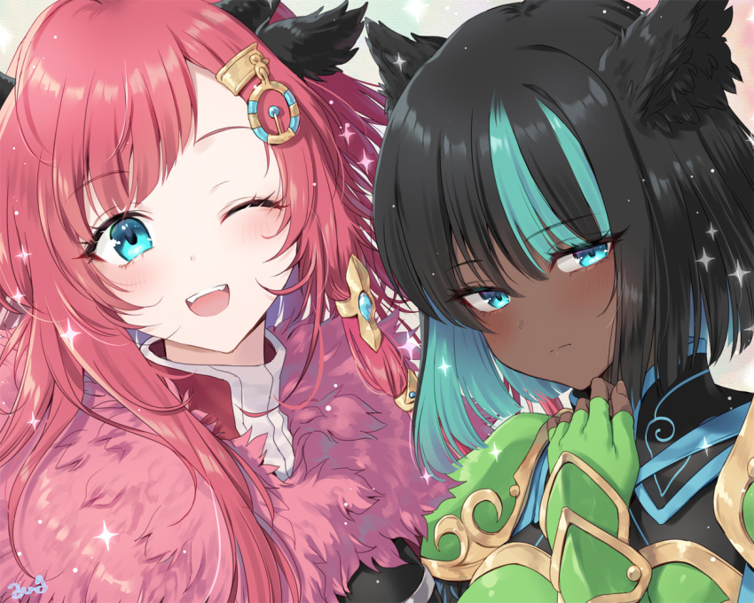 2girls, alberta_(fire_emblem), animal_ears, awayuki_ramika, black_hair, blue_eyes, carina_(fire_emblem), commentary_request