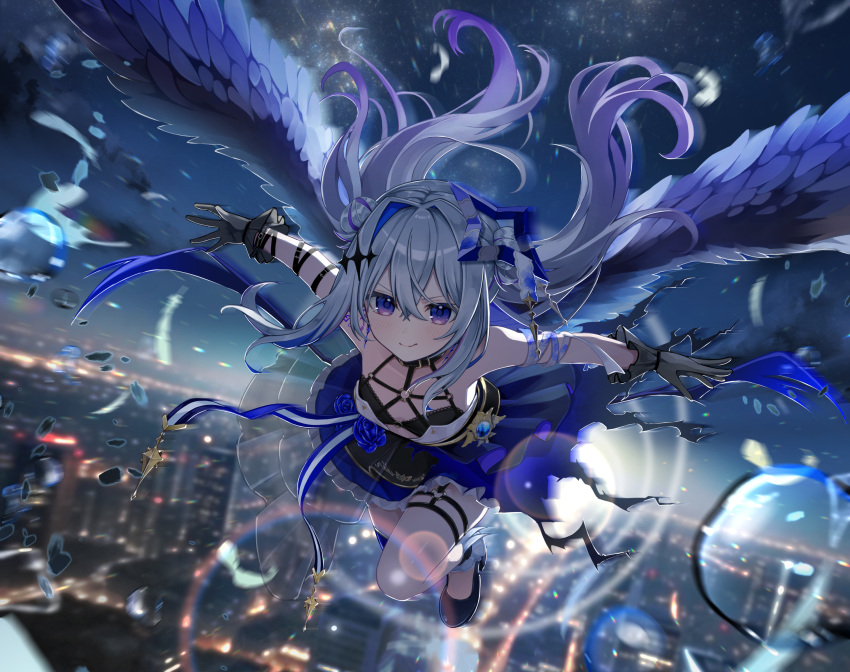 1girl, amane_kanata, amane_kanata_(another_world), arm_strap, bandaged_arm, bandages, black_bra, black_collar, black_gloves, black_shoes, black_skirt, blue_hair, blue_halo, blue_skirt, blue_thighhighs, blue_wings, bra, chest_harness, cityscape, closed_mouth, collar, colored_inner_hair, commentary, double_bun, english_commentary, feathered_wings, floating_hair, flying, full_body, gloves, gradient_hair, grey_hair, hair_bun, halo, harness, high_heels, highres, hololive, layered_skirt, lens_flare, long_hair, looking_at_viewer, miniskirt, multicolored_hair, o-ring, o-ring_harness, o-ring_thigh_strap, official_alternate_costume, official_alternate_hairstyle, outdoors, pepamaro, pumps, purple_hair, shoes, single_hair_intake, single_thighhigh, skirt, sky, smile, solo, star_halo, thigh-highs, thigh_strap, torn_clothes, torn_skirt, underwear, violet_eyes, virtual_youtuber, wings