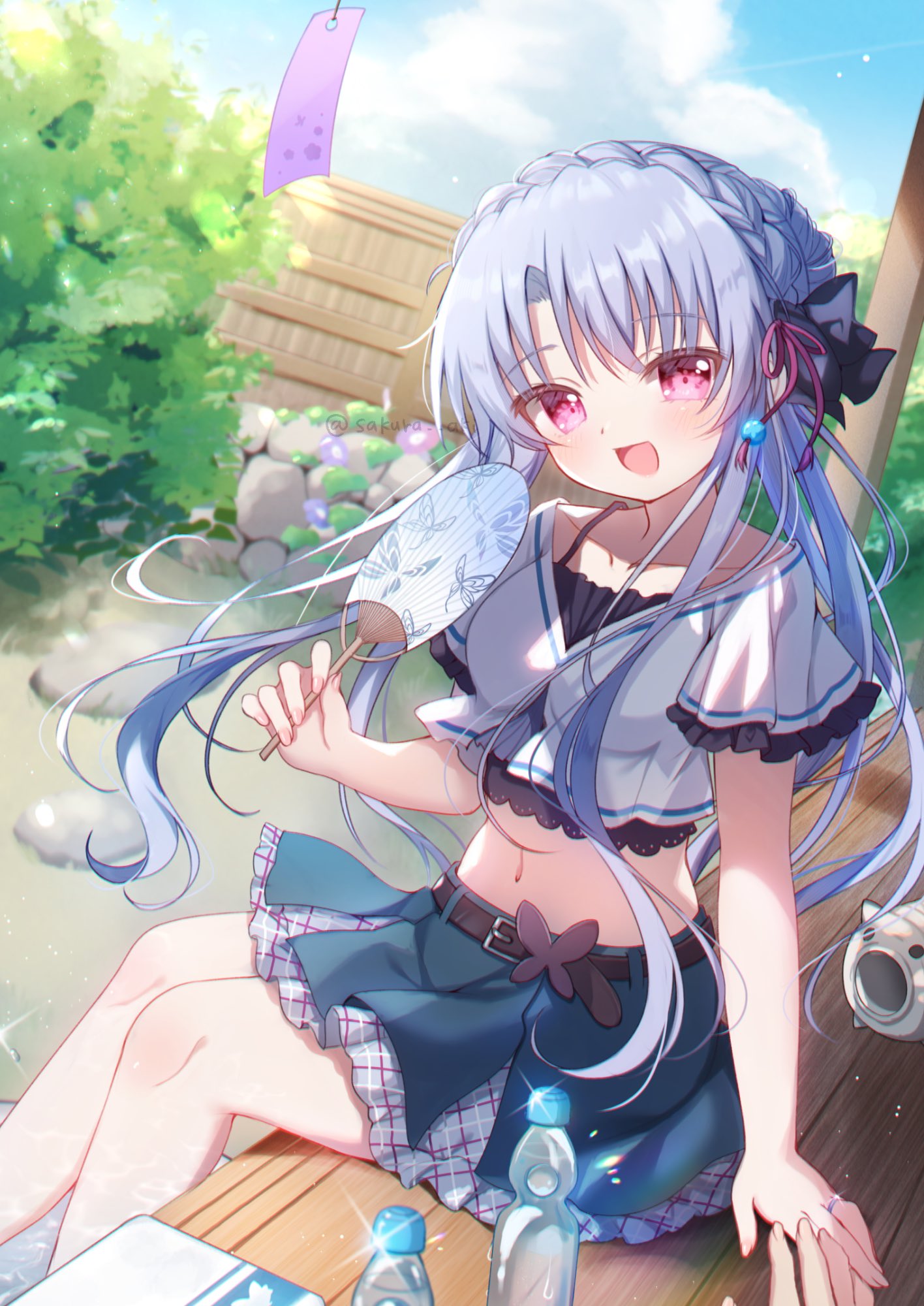 1boy, 1girl, :d, animal_print, belt, black_belt, black_bow, blue_hair