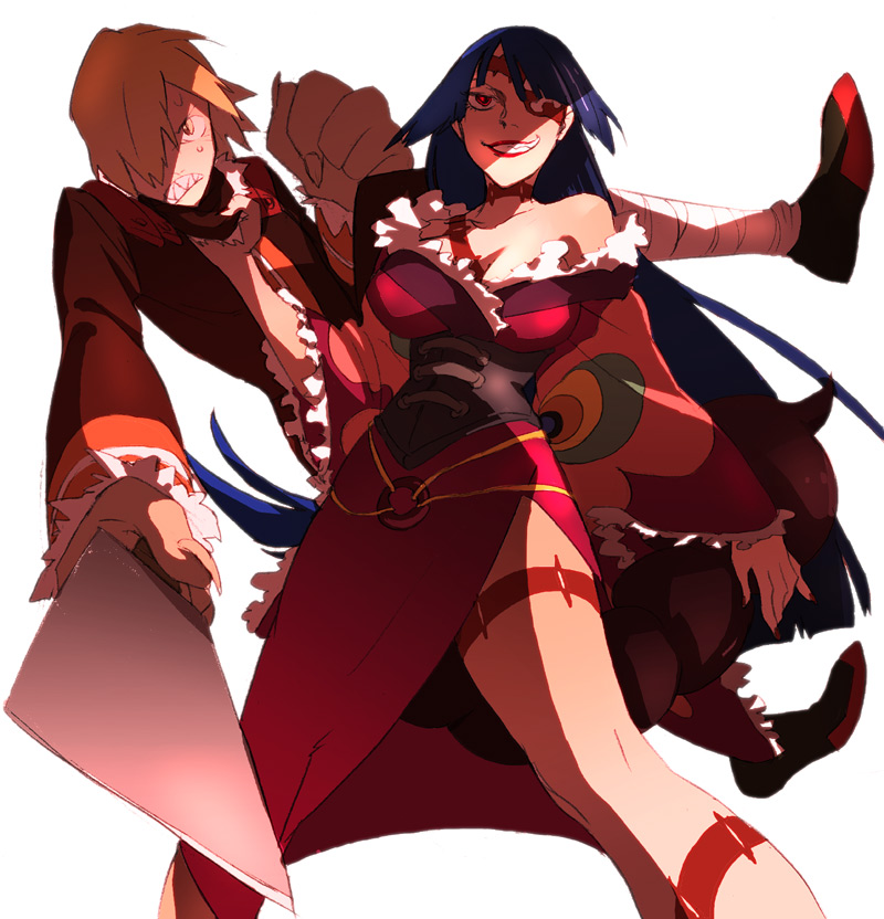 blonde_hair, claws, cleaver, corset, dress, eyepatch, foreshortening, iku, lipstick, makeup, oriental_hatchet, oversized_limbs, purple_hair, scorpion_tail, sharp_teeth, smirk, tail, tattoo, tengen_toppa_gurren_lagann, viral, weapon