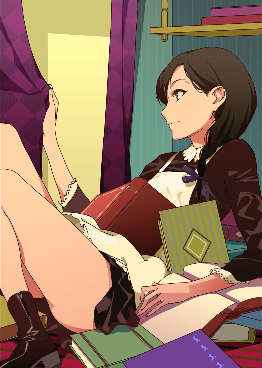 ankle_boots, apron, black_hair, book, boots, braid, brown_eyes, drape