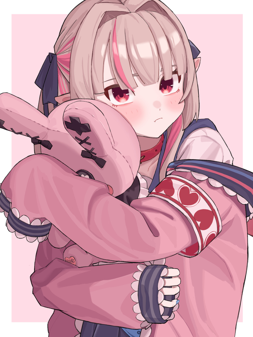 1girl, absurdres, black_ribbon, blush, border, brown_hair, cardigan, closed_mouth