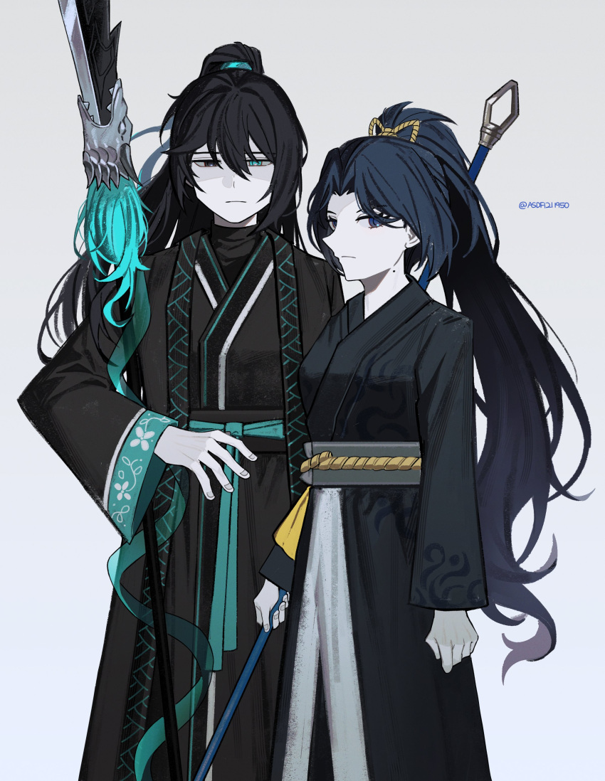 1boy, 1girl, absurdres, alternate_costume, asdf1211950, black_eyes, black_hair, blue_eyes