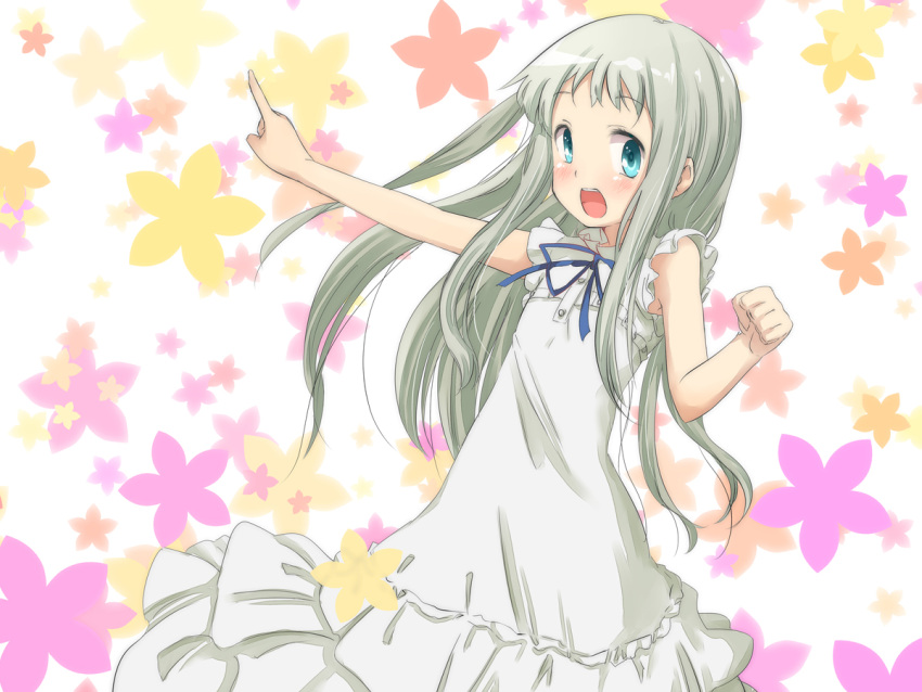 ano_hi_mita_hana_no_namae_wo_bokutachi_wa_mada_shiranai, blue_eyes, blush, dress, floral_background, honma_meiko, katanakko_daisuki, long_hair