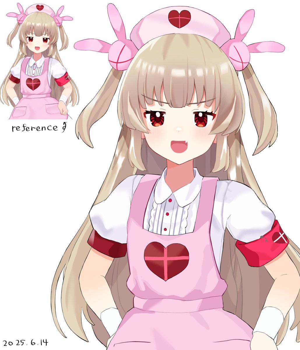1girl, apron, armband, bandaged_wrist, bandages, blonde_hair, blush, commentary_request