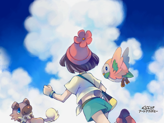 1girl, aqua_shorts, art_academy_(medium), bag, beanie, bird, black_hair, blue_sky