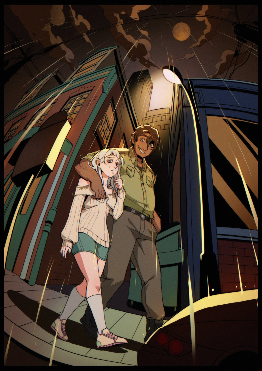 1boy, 1girl, absurdres, alley, arm_around_neck, belt, blue_shorts, blunt_bangs