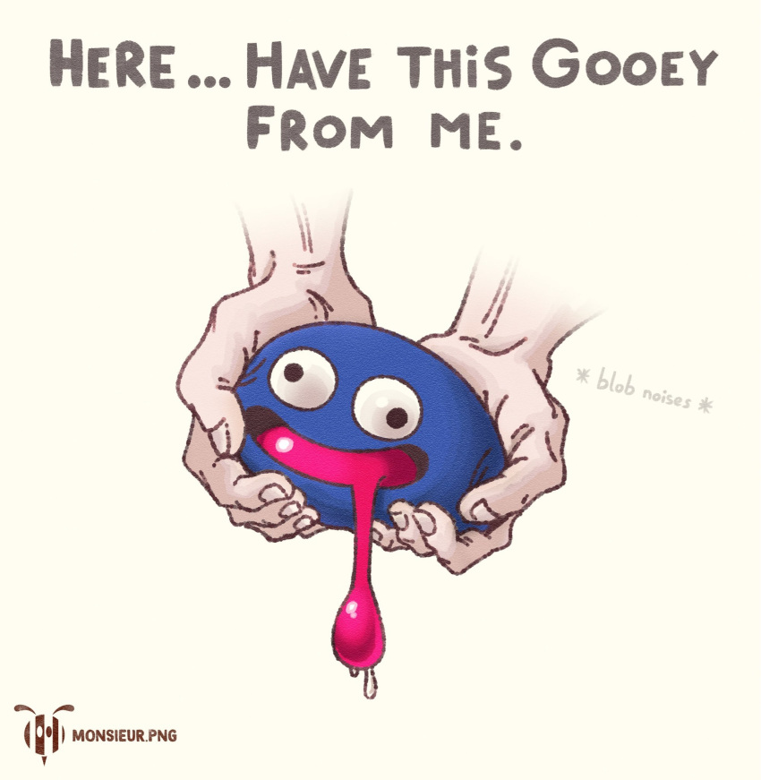 artist_logo, blue_skin, colored_skin, creature, disembodied_hand, gooey_(kirby), highres, holding, holding_creature, kennydotpng, kirby_(series), logo, long_tongue, monsieurdotpng, simple_background, smile, tongue, tongue_out, wall-eyed, yellow_background