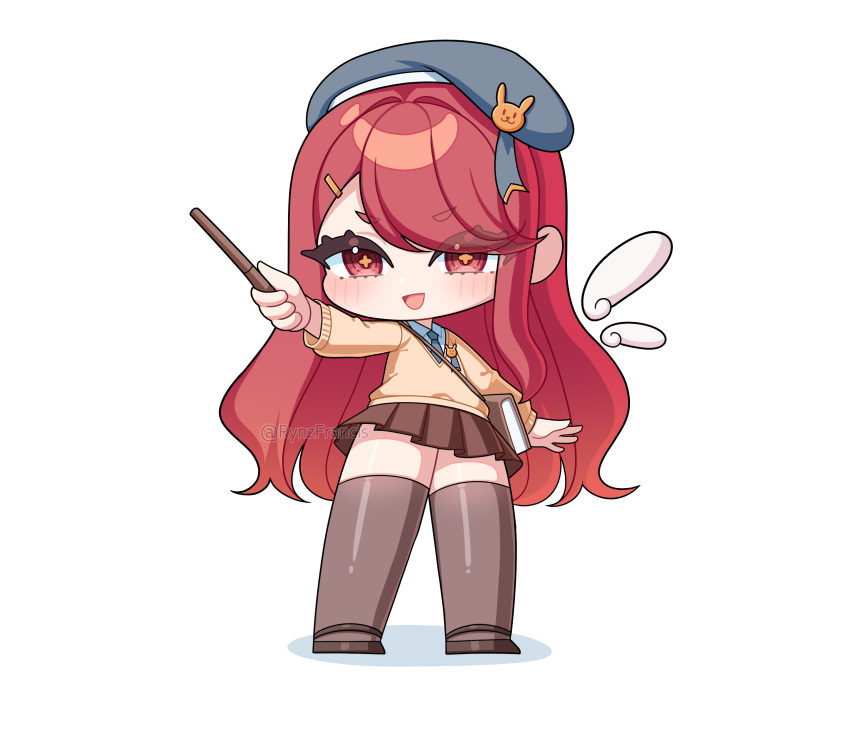1girl, ashur_(trickcal), beret, blush, book, brown_shoes, brown_skirt, brown_sweater, brown_thighhighs, cardigan, chibi, chibi_only, collared_shirt, cross-shaped_pupils, detached_wings, full_body, grey_hat, grey_necktie, hair_ornament, hairclip, hat, hat_ornament, highres, holding, holding_wand, long_hair, long_sleeves, looking_at_viewer, necktie, open_mouth, pleated_skirt, red_eyes, red_hair, rynzfrancis, shirt, shoes, simple_background, skirt, smile, solo, sweater, symbol-shaped_pupils, thigh-highs, trickcal, wand, white_background, white_shirt, white_wings, wings