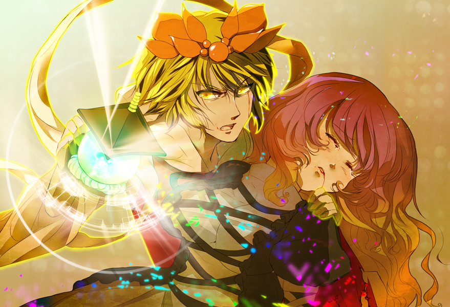 angry, black_hair, blonde_hair, blood, closed_eyes, eyes_closed, glowing, glowing_eyes, gradient_hair, headdress, hijiri_byakuren, jeweled_pagoda, light_rays, long_hair, mouthbleed, multicolored_hair, multiple_girls, outline, poko_(mammypoko), purple_hair, ribbon, short_hair, sorcerer's_sutra_scroll, tears, tiger_stripes, toramaru_shou, touhou, two-tone_hair, unconscious, wavy_hair, yellow_eyes