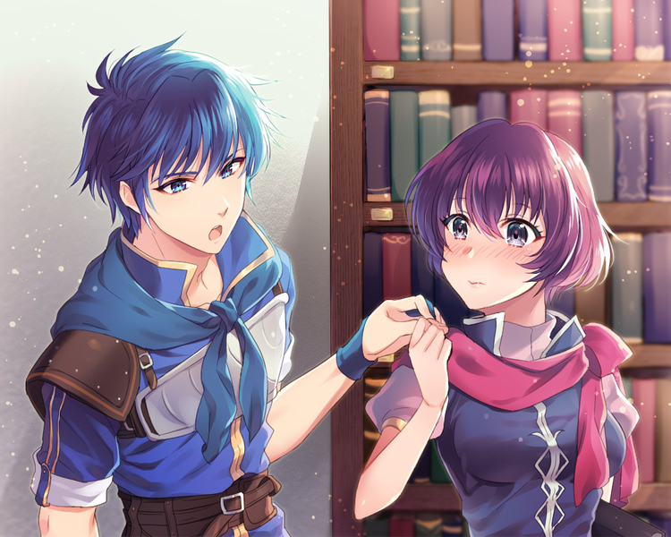 1boy, 1girl, awayuki_ramika, blue_eyes, blue_hair, bookshelf, breasts, commentary_request
