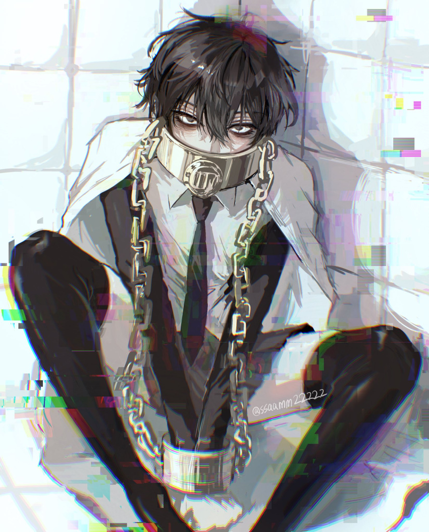 1boy, alternate_costume, artist_name, bags_under_eyes, black_eyes, black_hair, black_necktie, black_skirt