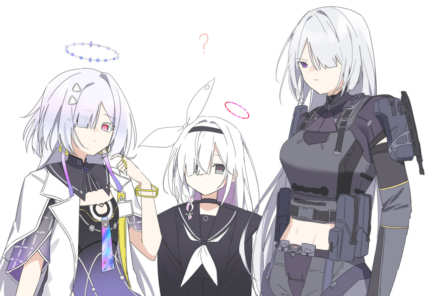 3girls, ak-15_(girls'_frontline), black_choker, black_eyes, black_hairband, blue_archive, braid, breasts