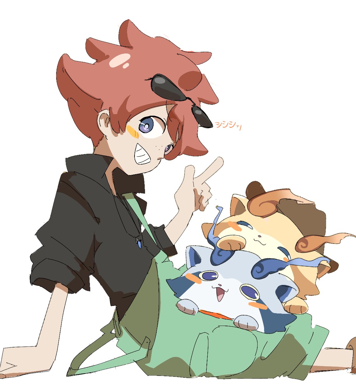 1boy, black_shirt, blue_eyes, blush_stickers, brown_hair, buck_hazeltine, collared_shirt, commentary_request