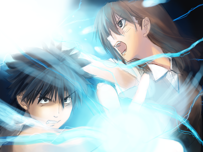 fighting, kamijou_touma, matsuki_(artist), matsuki_akira, misaka_mikoto, to_aru_kagaku_no_railgun, to_aru_majutsu_no_index