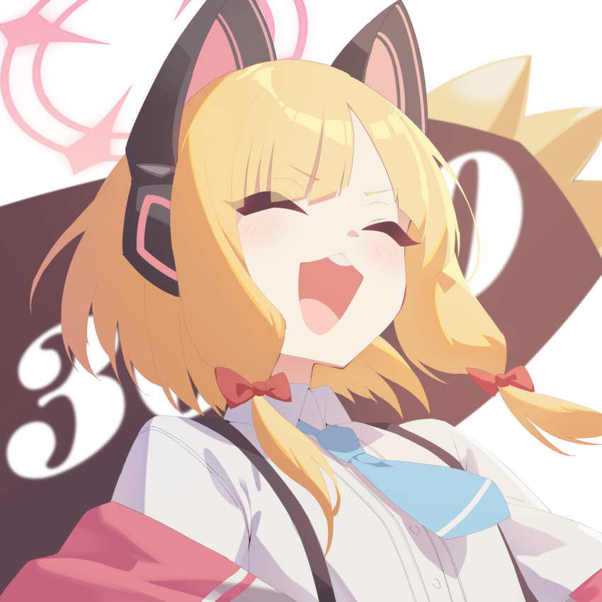 1girl, :3, animal_ear_headphones, animal_ears, blonde_hair, blue_archive, blue_necktie, blush