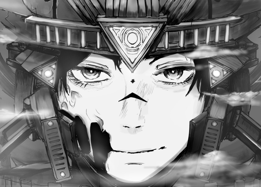 1boy, 1girl, absurdres, assailant_astro_toilet, battle_damage, burn_scar, cloud_ruan99543, commentary, english_commentary, eyelashes, facial_mark, floating, forehead_jewel, giant, giantess, greyscale, helmet, highres, light_smile, looking_at_another, monochrome, mothership_astro_toilet, nose_marking, scar, size_difference, skibidi_toilet_(series), skinned, smile