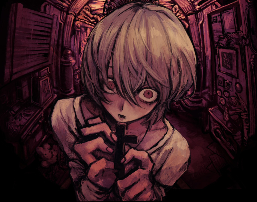 1boy, ane_(yakamashi0), collarbone, cross, cross_necklace, dark, dimly_lit_room, fisheye