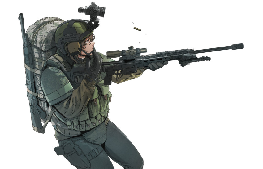 1girl, backpack, bag, benelli_m3, black_gloves, body_armor, brown_hair, brown_jacket