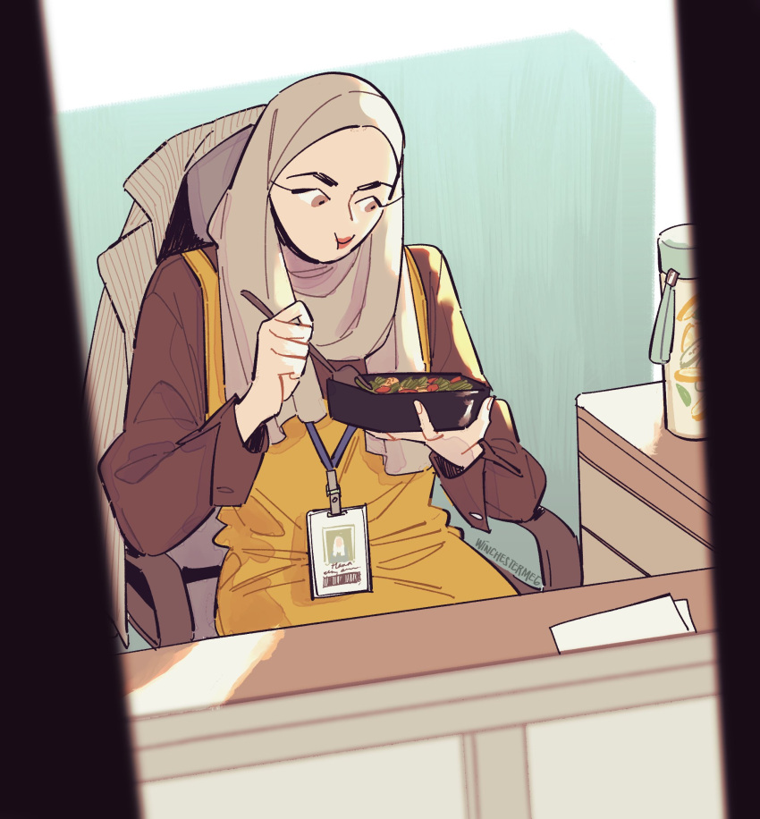 1girl, bowl, brown_eyes, brown_shirt, commentary, dress, eating, english_commentary