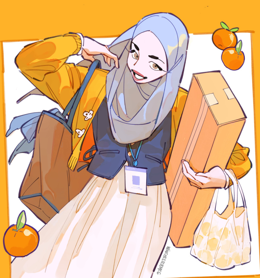 1girl, blue_vest, brown_bag, brown_eyes, commentary, english_commentary, food, fruit