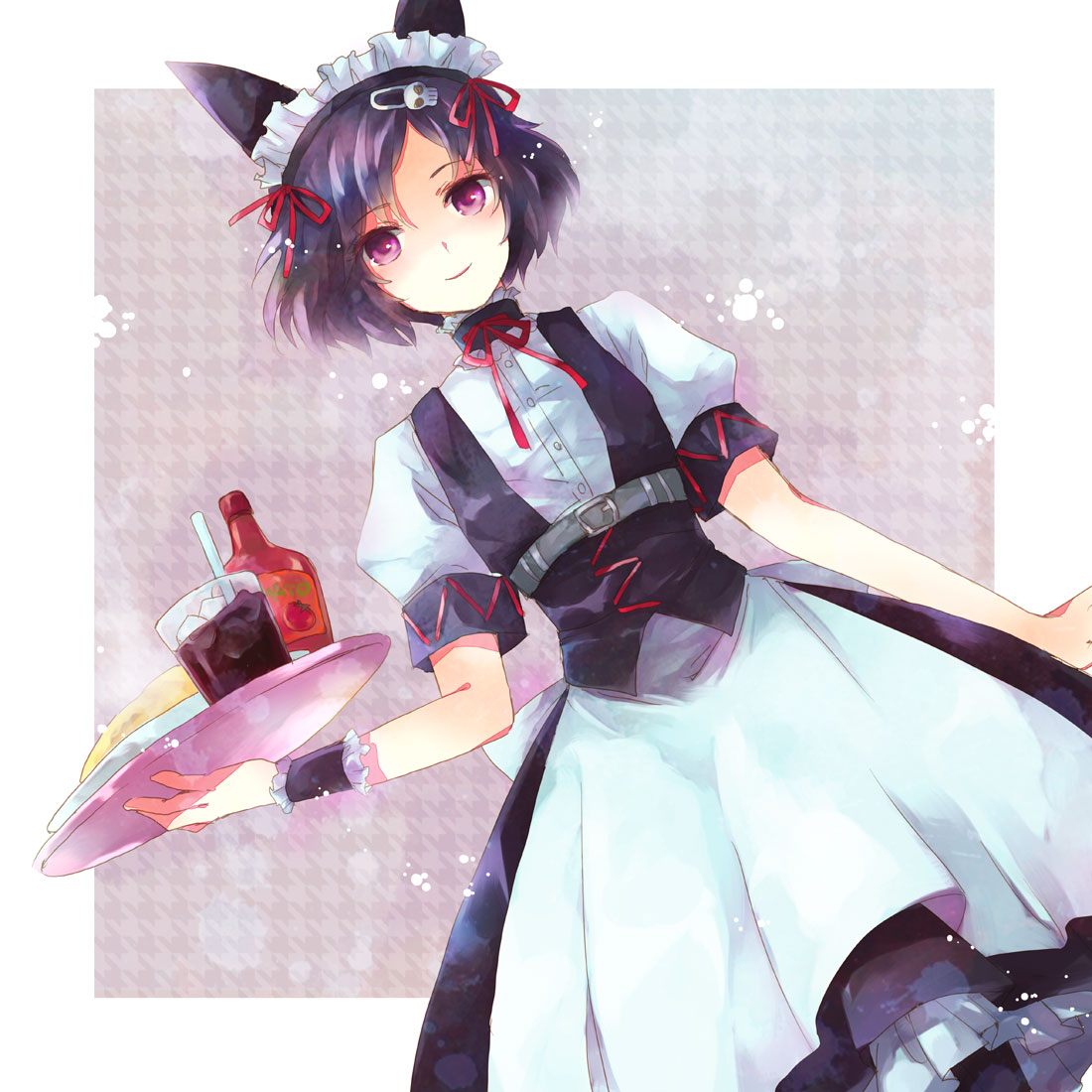1girl, black_hair, cat_ears, dress, maid, purple_eyes, ribbon, rishi_(kurou)