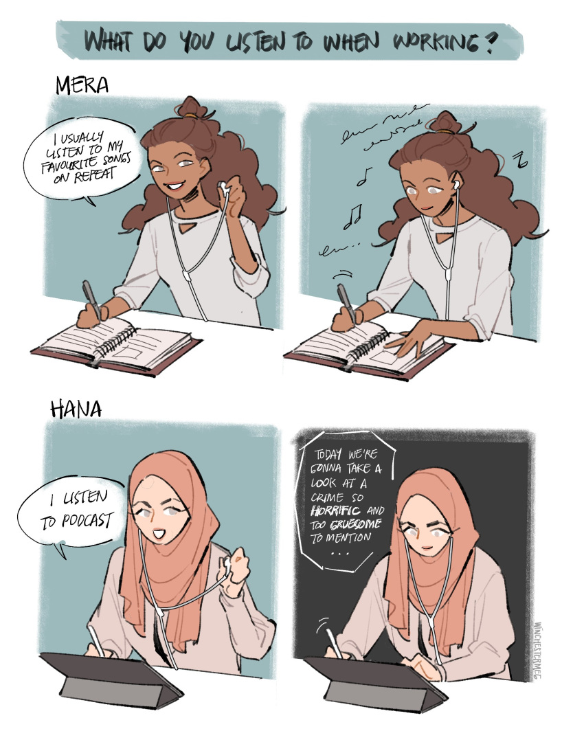 2girls, absurdres, book, brown_hair, commentary, dark-skinned_female, dark_skin, earphones