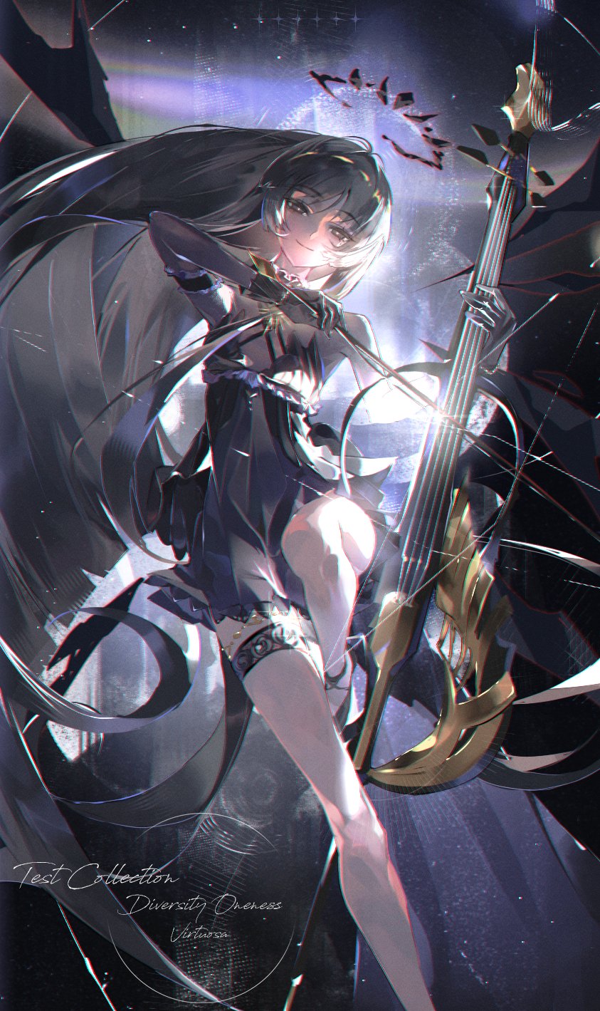 1girl, arknights, black_dress, black_eyes, black_gloves, black_hair, blunt_bangs, cello