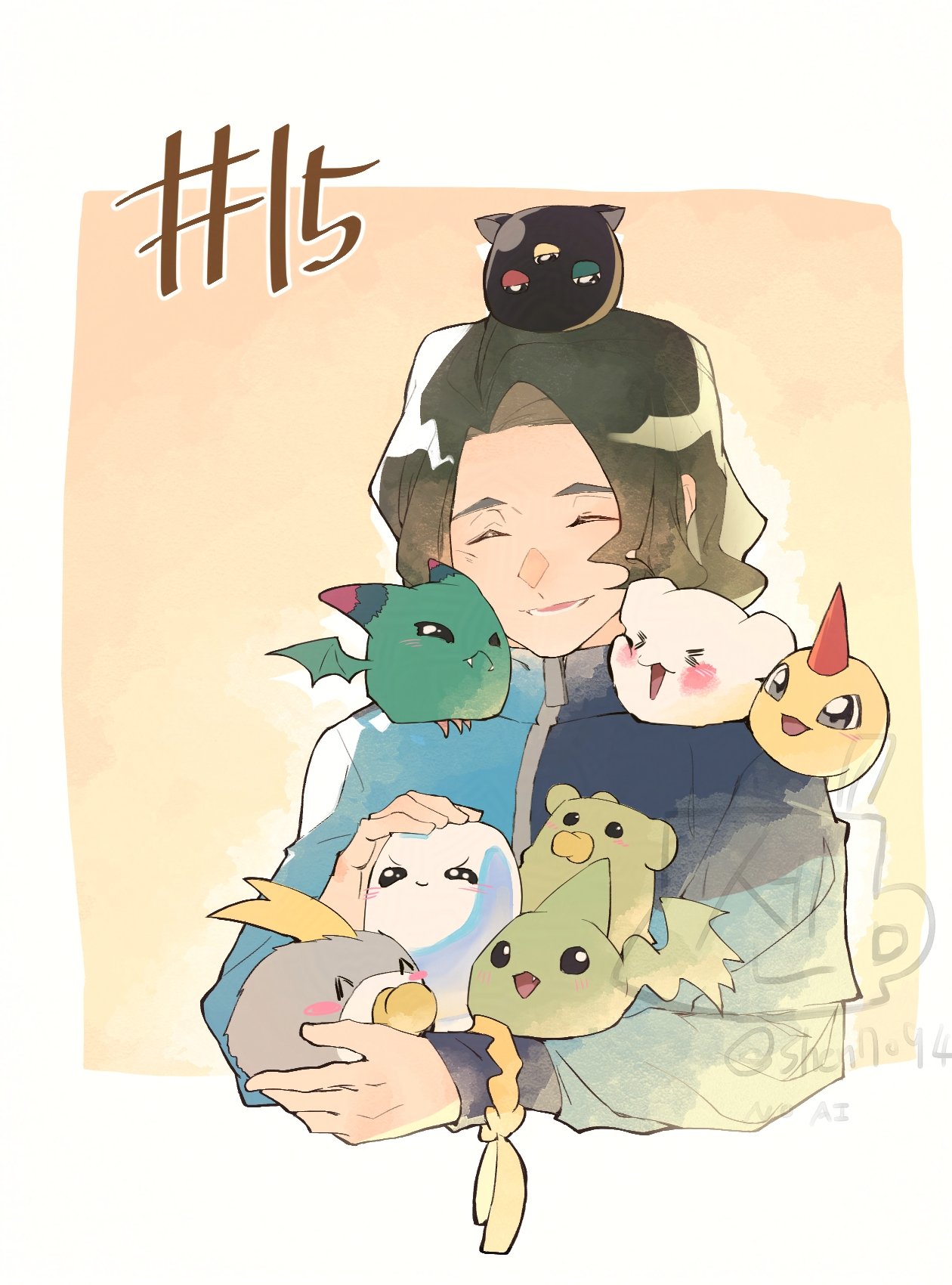 1boy, black_hair, blue_jacket, bommon, bubbmon, character_request, closed_eyes, commentary_request