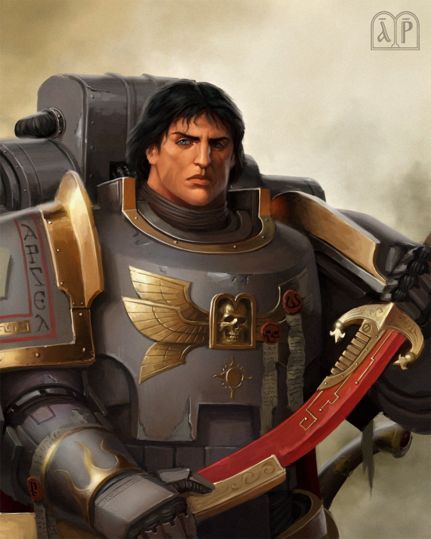 1boy, adeptus_astartes, argel_tal, armor, artist_logo, black_hair, blue_eyes, breastplate