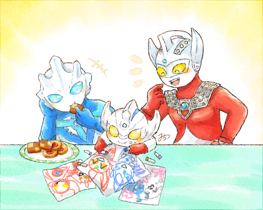 +++, 3boys, ^_^, aged_down, alien, armor, blue_eyes, blue_gem