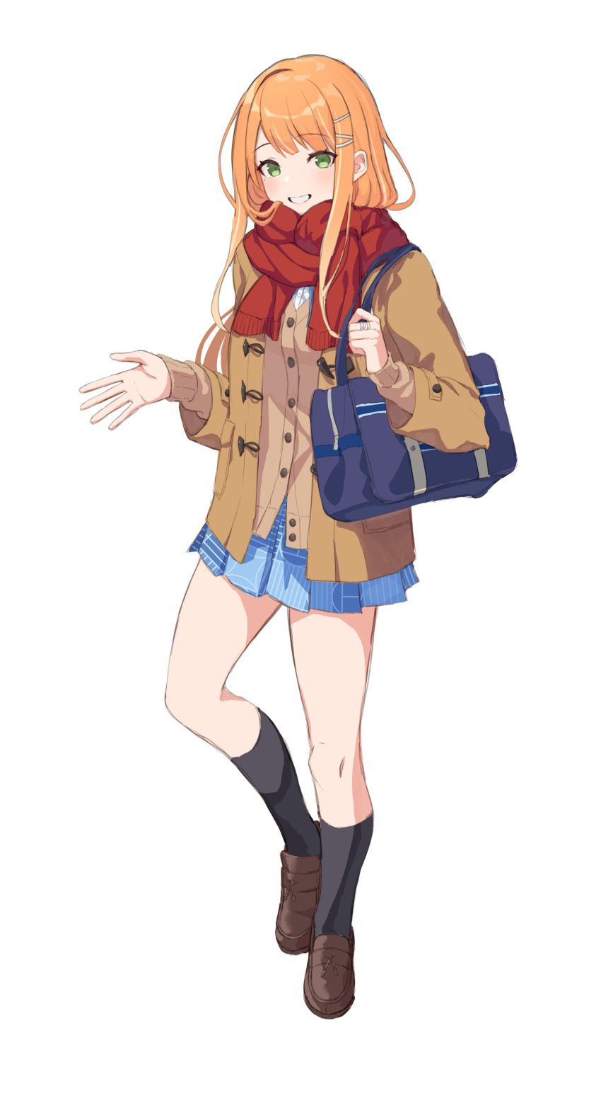 1girl, absurdres, bag, black_socks, blue_skirt, blush, brown_cardigan, brown_jacket