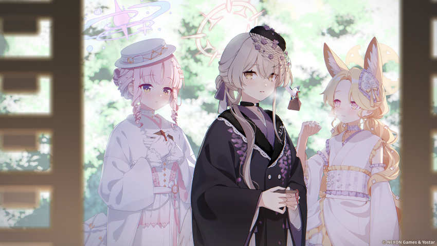 2026, 3girls, alternate_costume, alternate_hairstyle, animal_ear_fluff, animal_ears, blonde_hair, blue_archive, bow, brown_hair, closed_mouth, fox_ears, fox_girl, gloves, hair_bow, halo, hand_up, hat, highres, long_hair, long_sleeves, looking_at_viewer, mika_(blue_archive), mika_(new_year)_(blue_archive), multiple_girls, nagisa_(blue_archive), nagisa_(new_year)_(blue_archive), official_art, outdoors, parted_lips, pink_hair, seia_(blue_archive), seia_(new_year)_(blue_archive), smile, white_gloves, white_hat, wide_sleeves, yellow_eyes