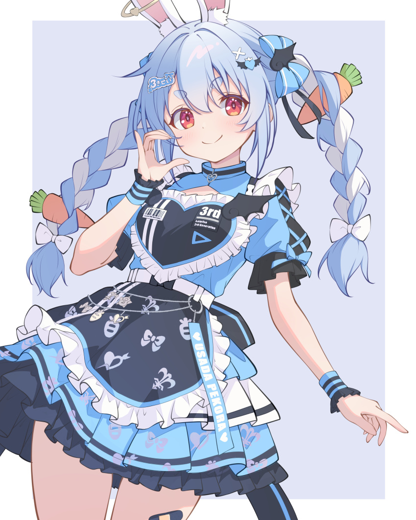 1girl, absurdres, animal_ear_fluff, animal_ears, apron, blue_dress, blue_hair, blush, border, braid, carrot_hair_ornament, character_name, closed_mouth, commentary_request, dress, food-themed_hair_ornament, hair_ornament, hairpin, heart, heart_hair_ornament, highres, hololive, hololive_3rd_generation_live_outfit, long_hair, looking_at_viewer, maccaron61, maid, maid_apron, multicolored_hair, orange_eyes, pink_background, rabbit-shaped_pupils, rabbit_ears, rabbit_girl, short_eyebrows, smile, solo, symbol-shaped_pupils, twin_braids, two-tone_hair, usada_pekora, virtual_youtuber, white_apron, white_border, white_hair