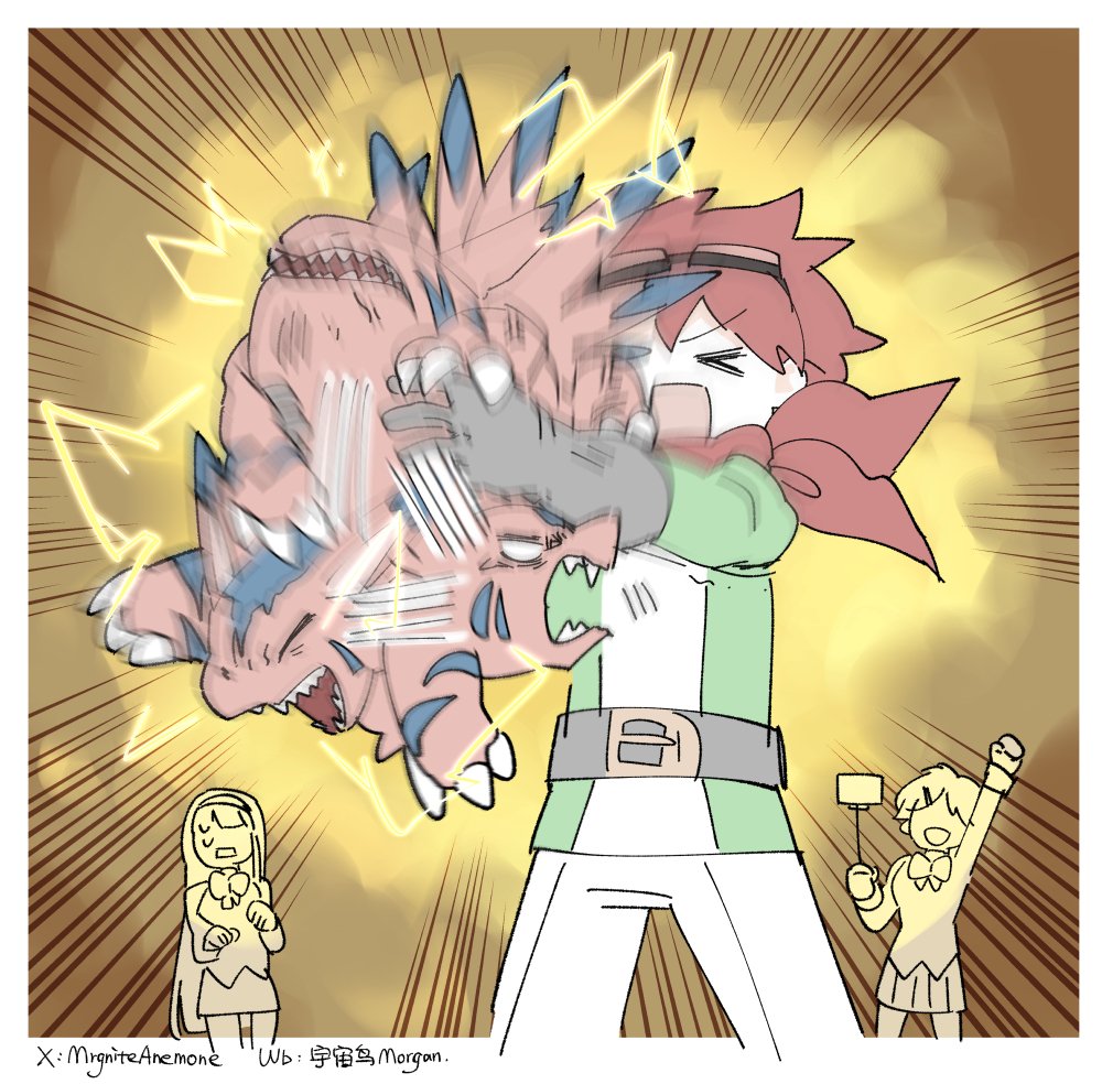 1boy, 2girls, animal, belt, brown_hair, commentary, digimon, digimon_(creature)
