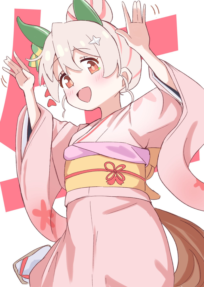 1girl, :d, animal_ears, blush, brown_eyes, commentary, ear_covers, extra_ears