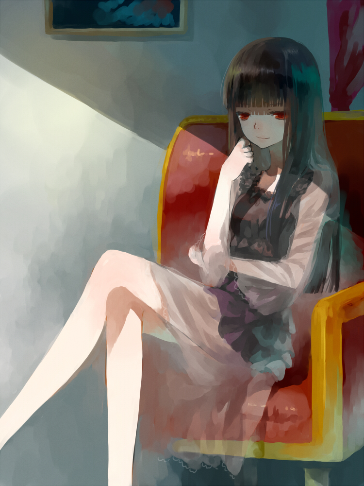 black_hair, chair, chin_rest, crossed_legs, dress, legs, legs_crossed, long_hair, moekon, original, red_eyes, sitting, smile